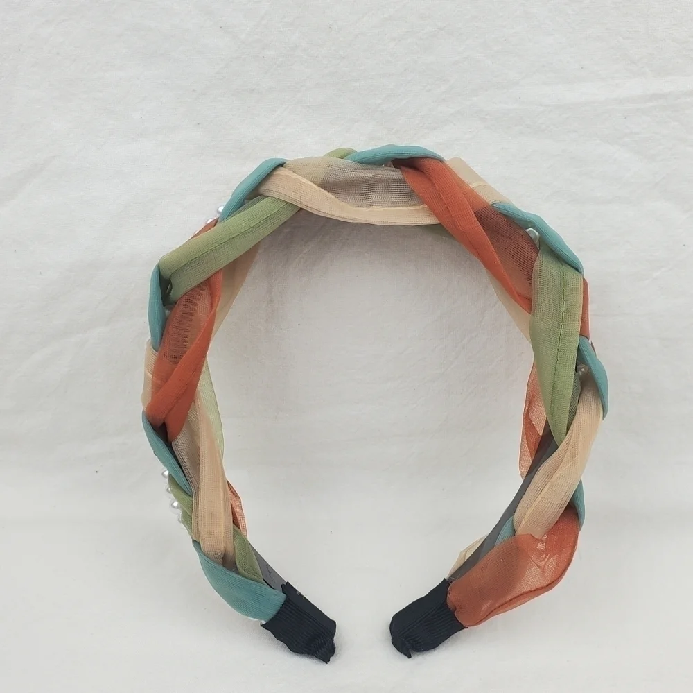 Faux pearl wide braided color block headband hair accessories